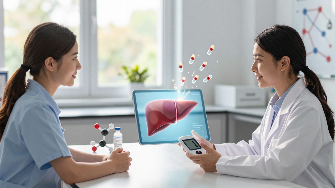 Duas médicas discutem tratamento hepático digital com holograma de fígado e cápsulas coloridas numa clínica.