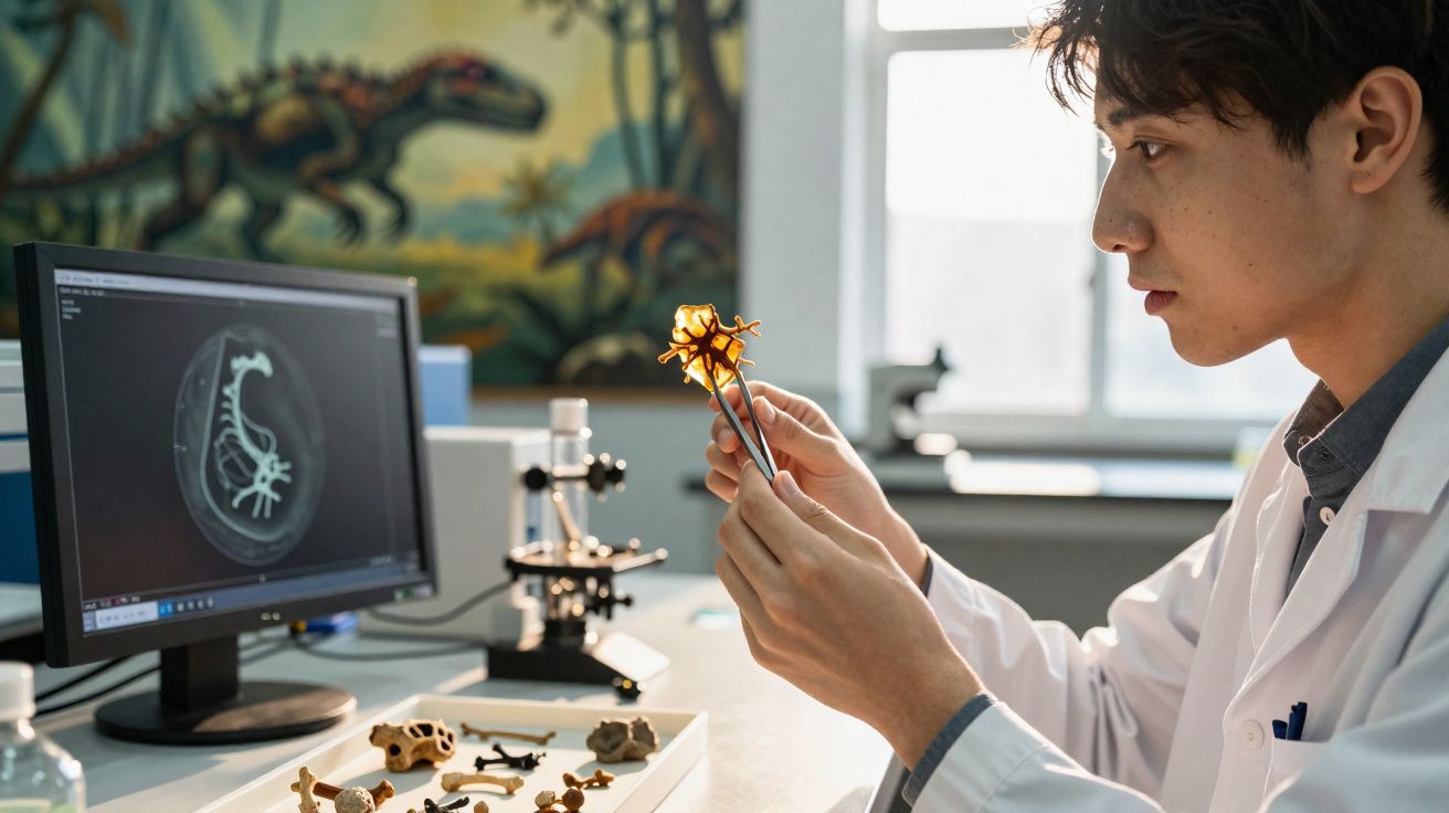 Homem asiático em bata branca analisa modelo fóssil com pinças num laboratório com equipamentos científicos.