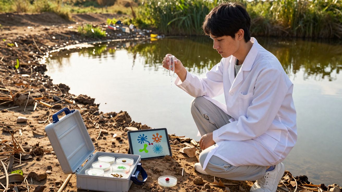 Cientista em bata branca analisa amostra de água junto a rio, com materiais de laboratório à sua frente.