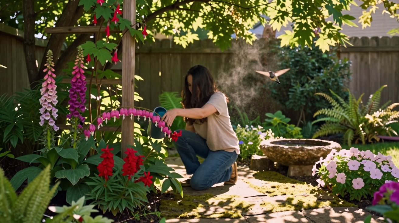 Mulher a regar flores num jardim com plantas e um bebedouro para pássaros ao fundo.