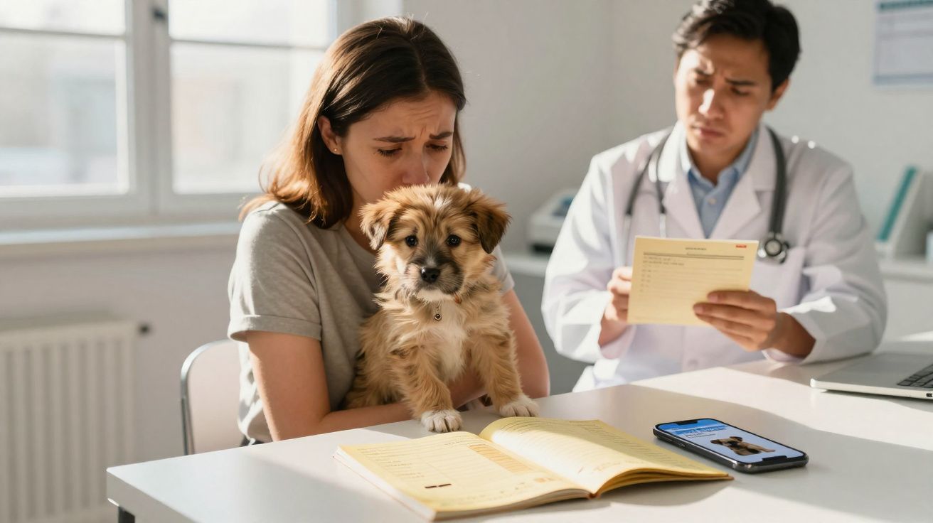Mulher com cão na clínica veterinária, veterinário a analisar prescrição médica ao fundo.