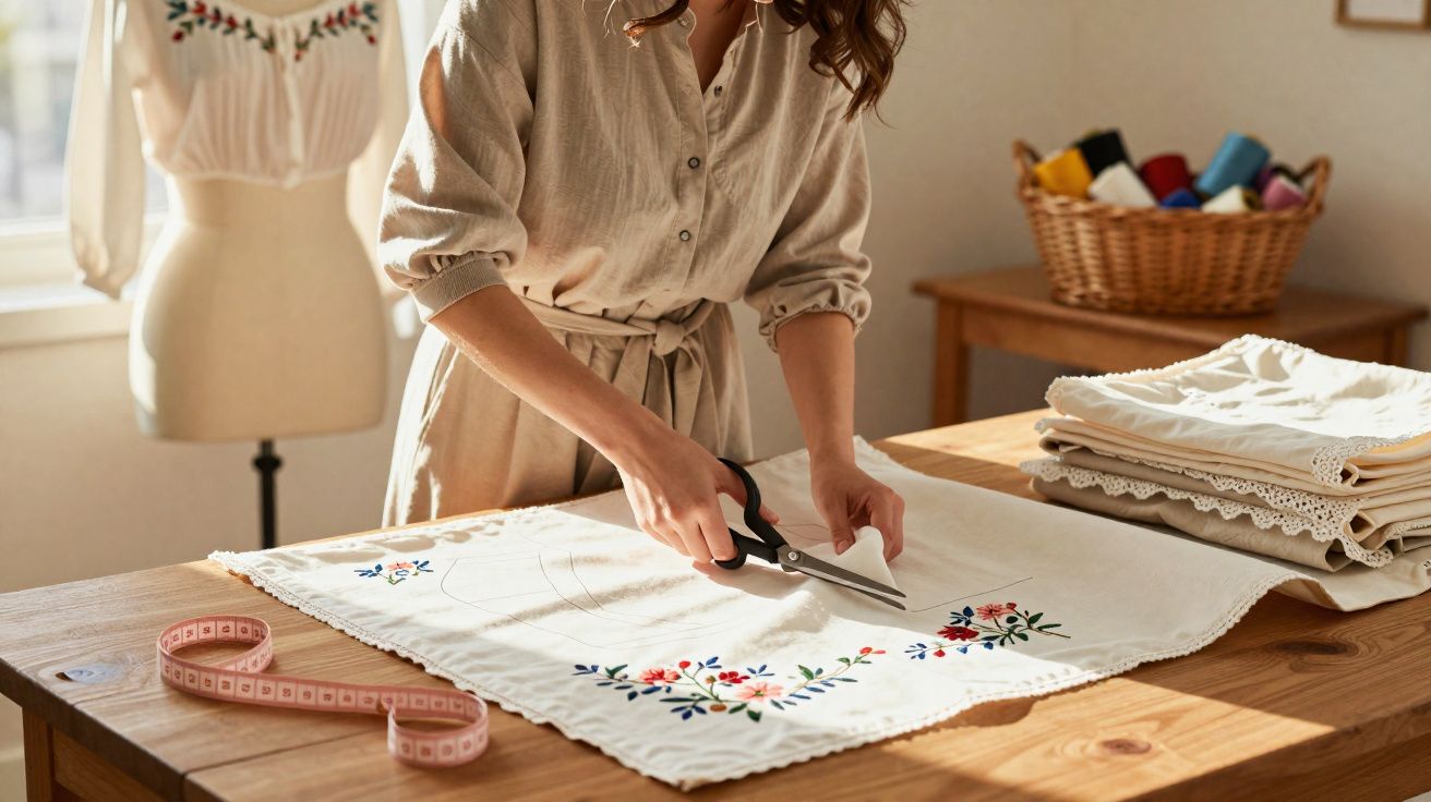 Mulher a cortar tecido bordado numa mesa de madeira, com manequim, fita métrica e cesta de linhas ao fundo.