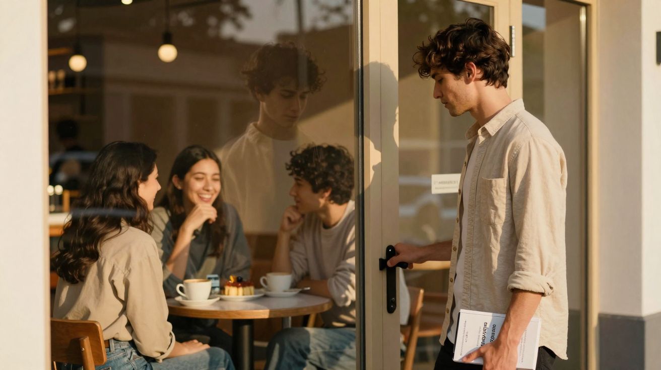 Homem a abrir porta de café onde três amigos riem e conversam sentados à mesa com chá e bolo.
