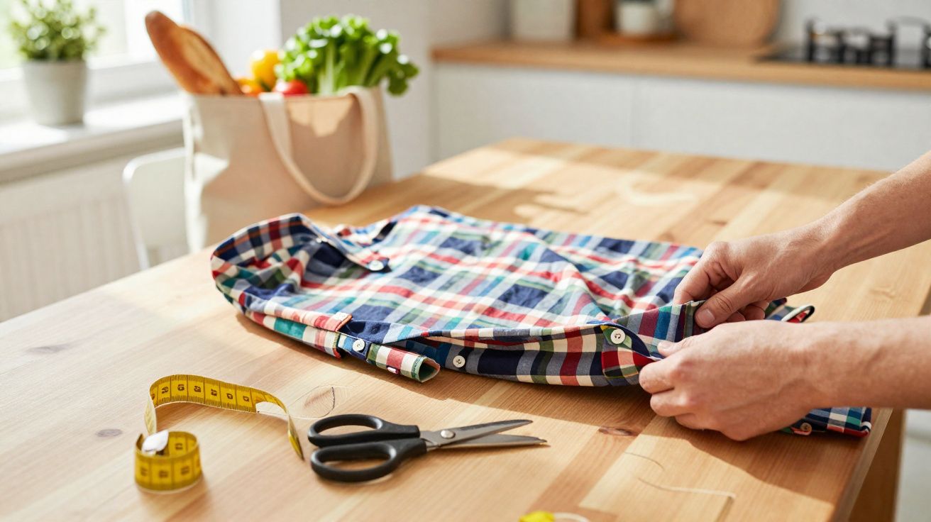 Pessoa a dobrar uma camisa xadrez numa mesa de madeira, com tesoura e fita métrica ao lado.
