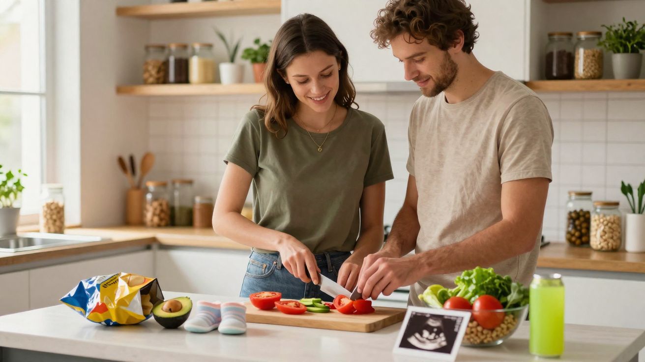 Casal jovem sorri enquanto corta legumes numa cozinha luminosa, com ecografia e snacks sobre o balcão.