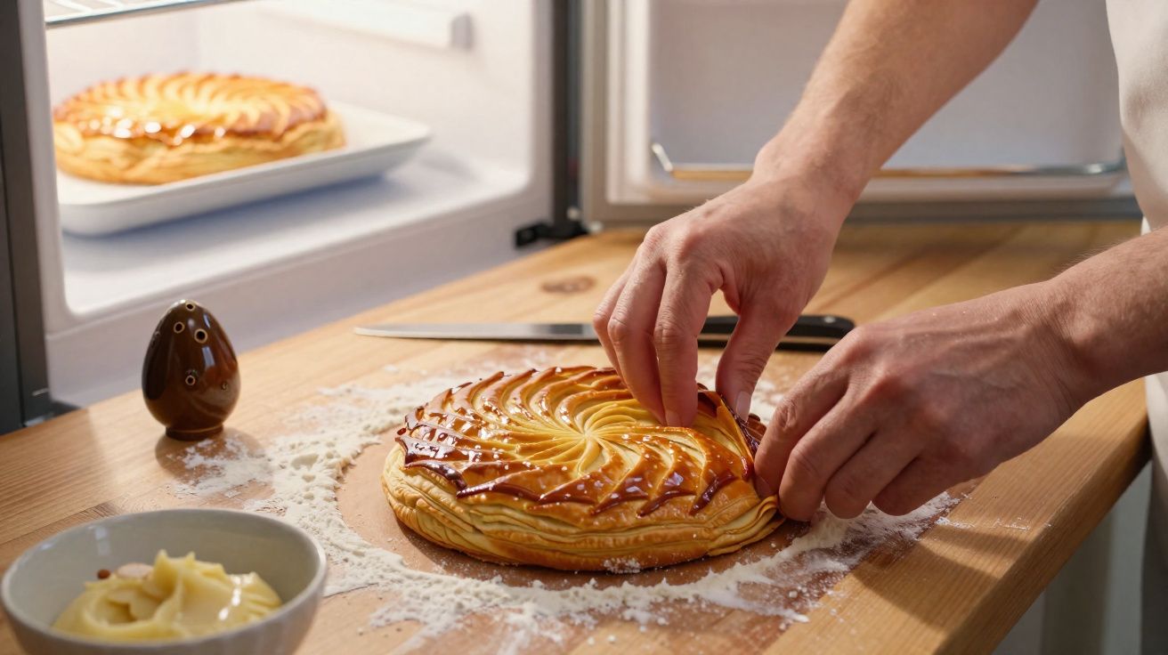 Mãos a preparar uma tarte folhada com decoração em espiral numa bancada de madeira com farinha espalhada.