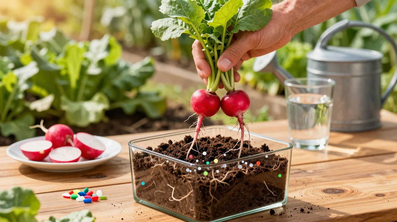 Mão a colher rabanetes frescos com terra numa caixa de vidro sobre mesa de madeira com acessórios de jardinagem.