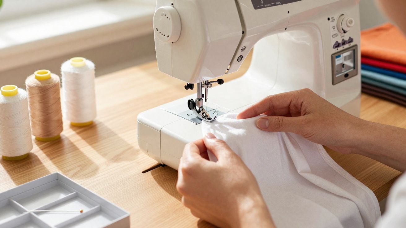 Mãos a costurar tecido branco numa máquina de costura com cone de linha e tecidos coloridos ao fundo.