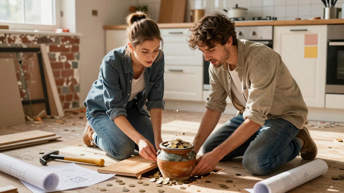 Casal jovem sentado no chão de cozinha em reforma a colocar moedas num mealheiro de barro.