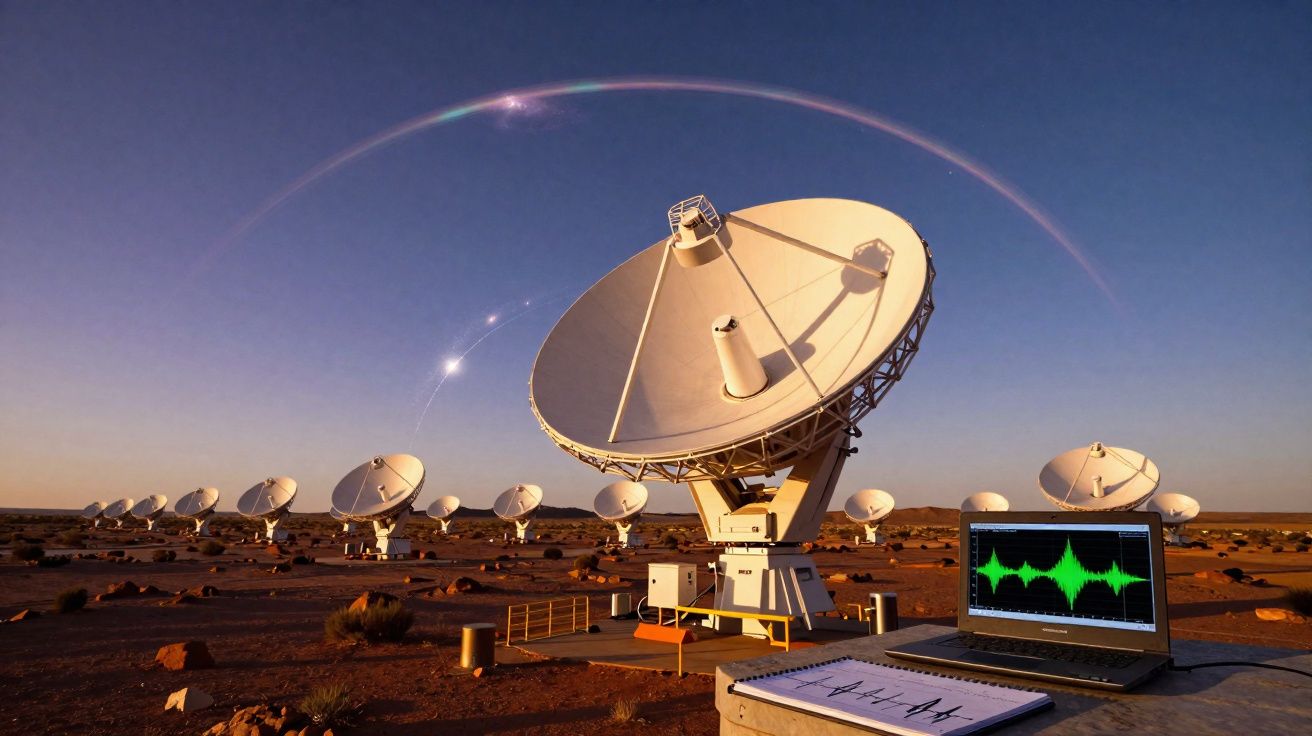 Conjunto de antenas parabólicas no deserto com laptop a mostrar sinais gráficos verdes ao pôr do sol.