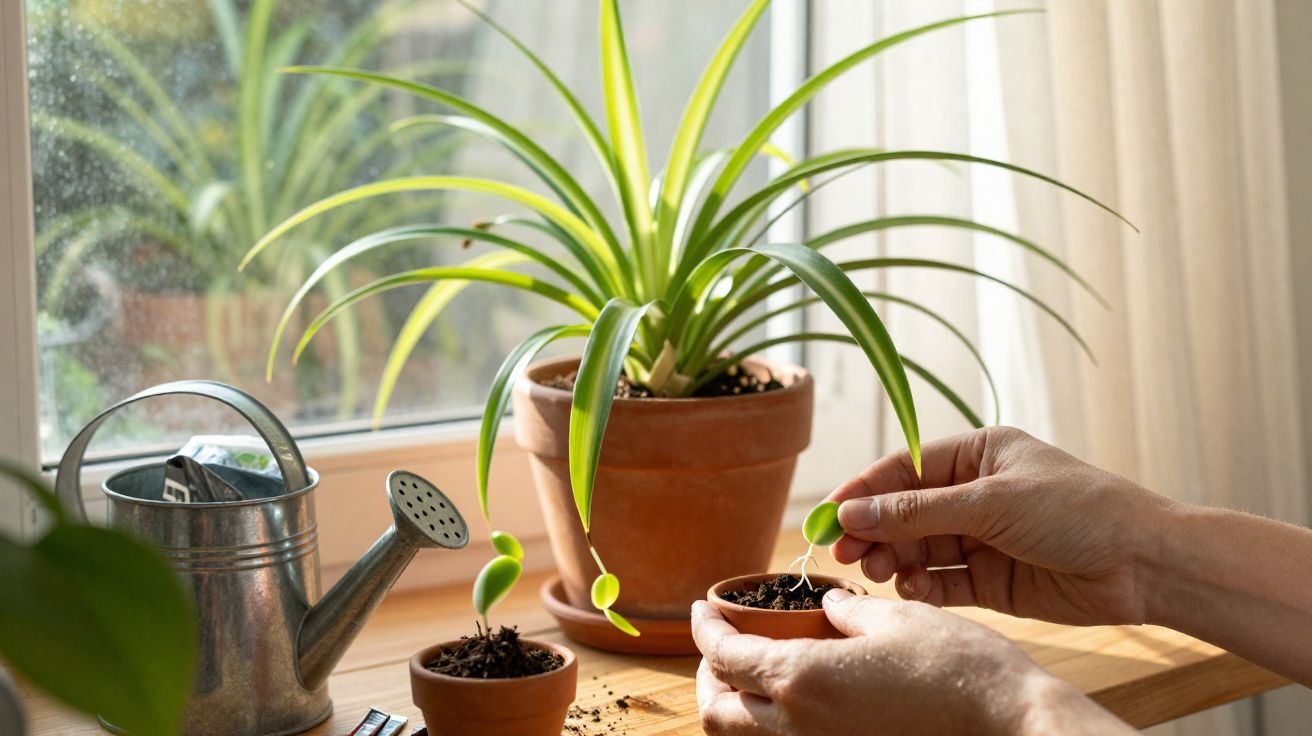 Mãos plantam rebentos em pequenos vasos junto a uma planta maior, regador metálico numa janela ensolarada.