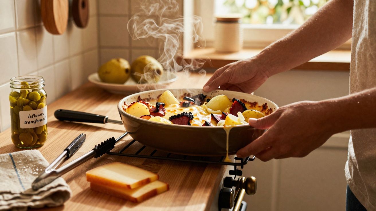 Pessoa a retirar do forno prato fumegante com batatas, queijo e legumes numa cozinha iluminada pelo dia.