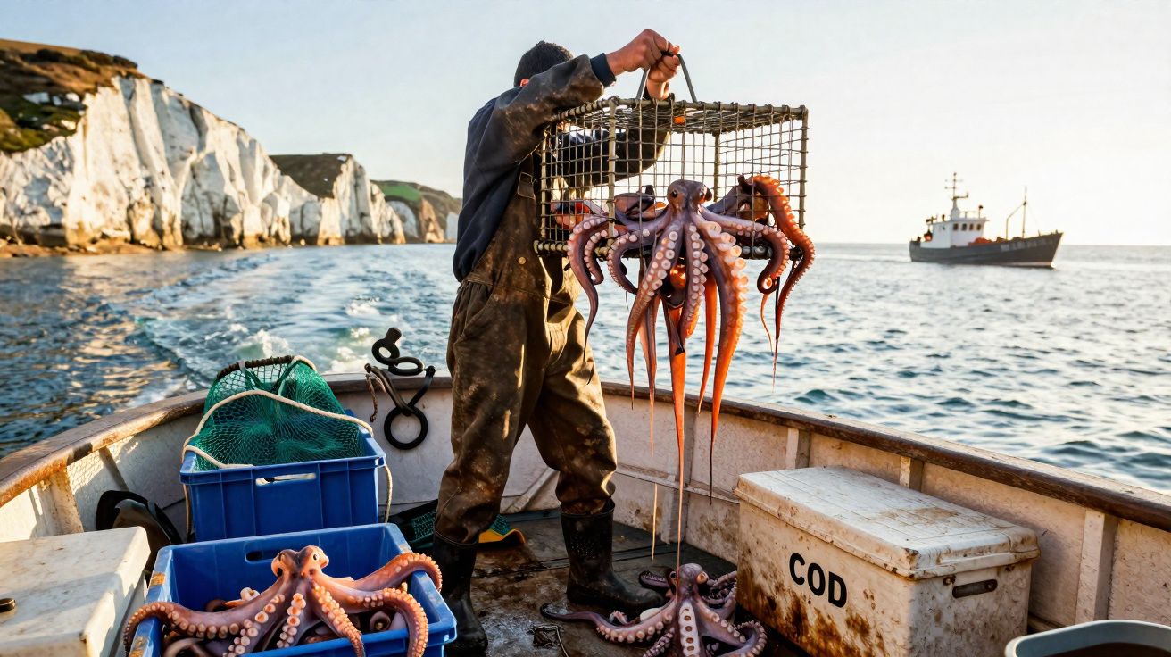Pescador a levantar armadilha com polvo num barco, com mar e falésias ao fundo ao pôr do sol.