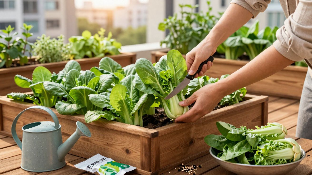 Pessoa a colher acelgas frescas de uma horta urbana em caixas de madeira num terraço.