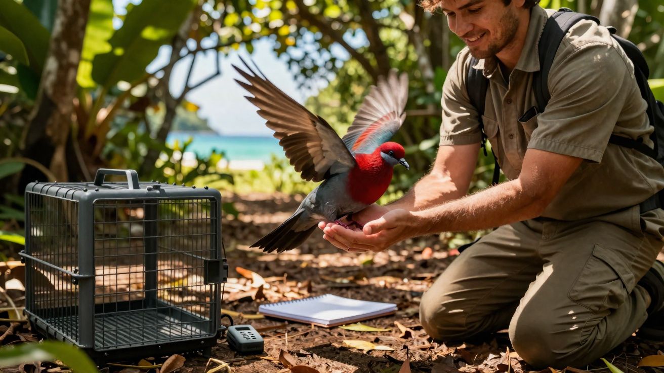 Homem liberta ave com penas vermelhas no ambiente natural junto a uma gaiola e bloco de notas.