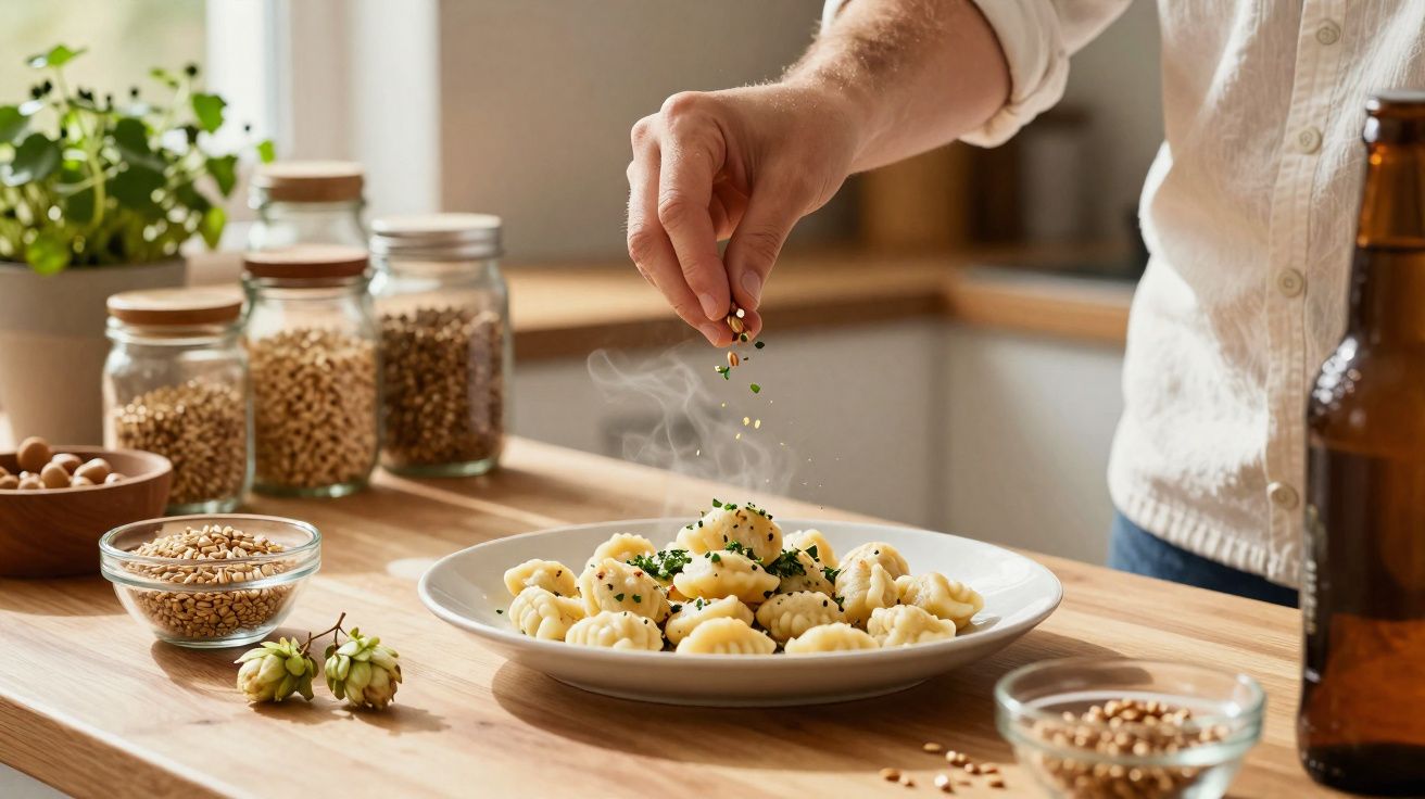 Pessoa a temperar prato quente de massa com ervas, em cozinha luminosa e decorada com frascos e plantas.