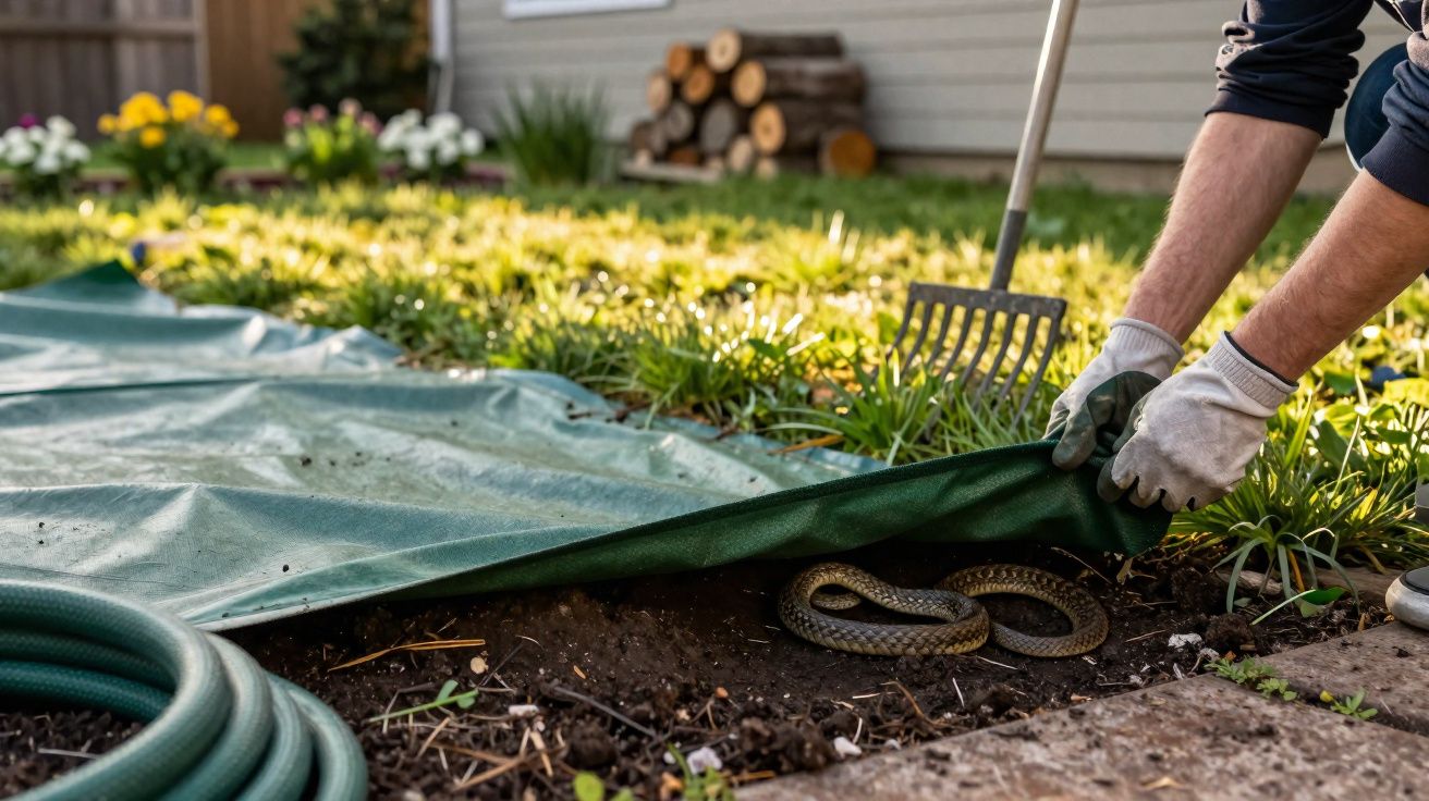 Pessoa a levantar lona num jardim revelando uma cobra enrolada no solo, perto de um regador.