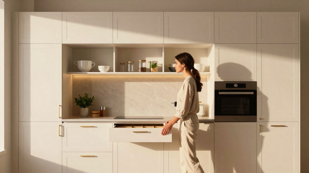 Mulher a abrir gaveta numa cozinha branca moderna, iluminada por luz solar natural.