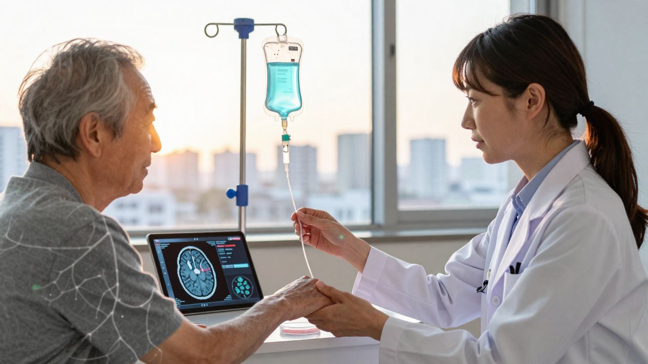 Enfermeira ajusta soro intravenoso em idoso, com imagens cerebrais num computador ao fundo.