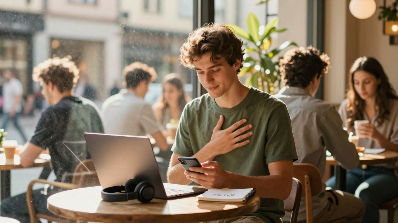 Jovem sentado numa cafetaria com portátil, telemóvel na mão e expressão de gratidão.