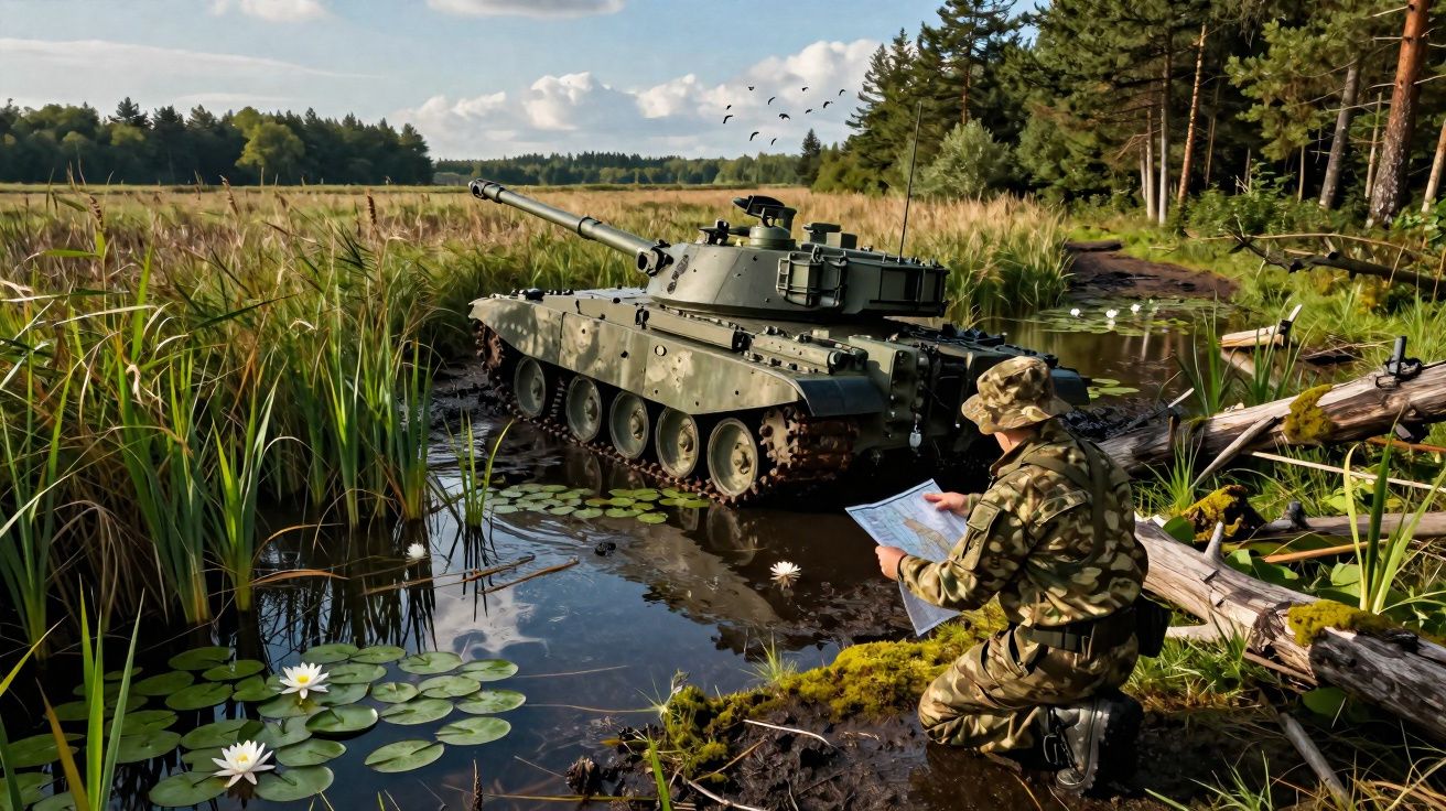 Soldado em uniforme camuflado ajoelhado junto a tanque de guerra em ambiente natural com relva e lago durante o dia.