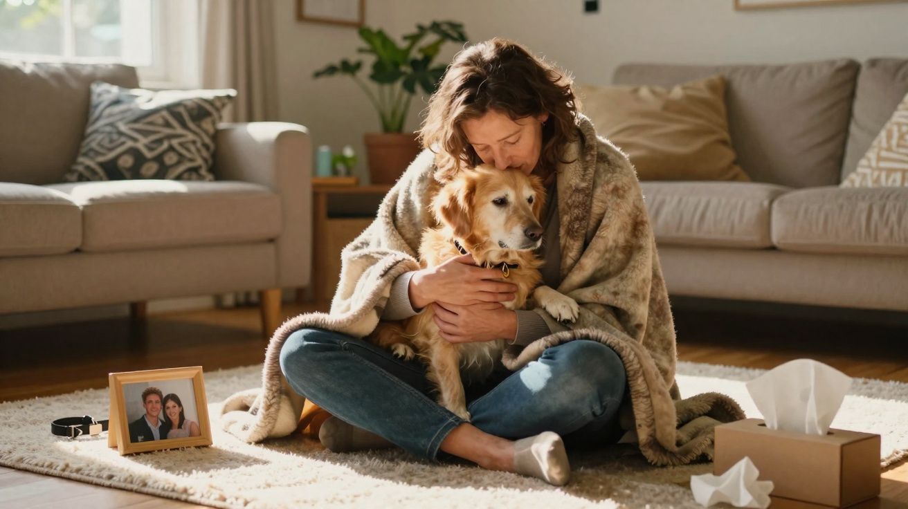 Mulher sentada no chão, abraçada a um cão, rodeada por uma manta e objetos pessoais na sala.
