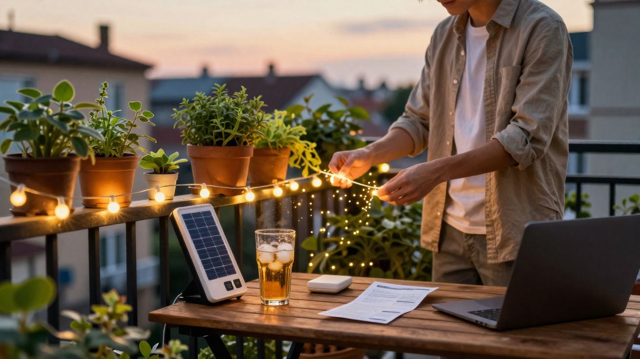 Pessoa a decorar varanda ao pôr do sol com luzes LED solares, rodeada de plantas e laptop numa mesa de madeira.