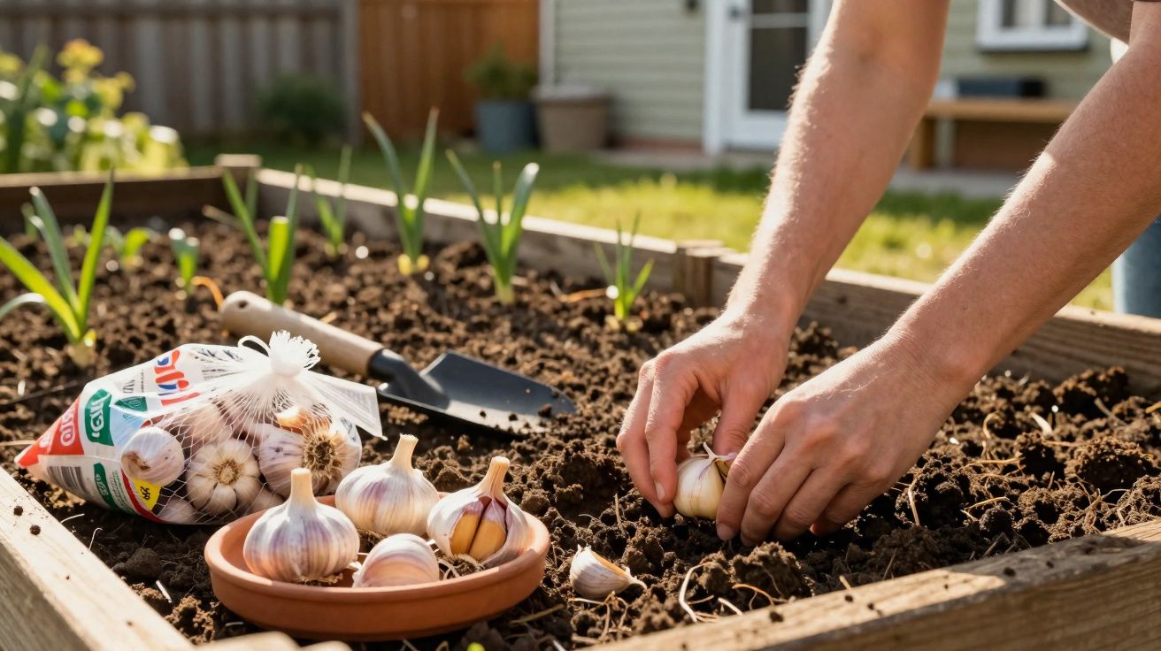 Pessoa a plantar dentes de alho num canteiro com terra, ao lado de uma pá e uma sacola de alho.
