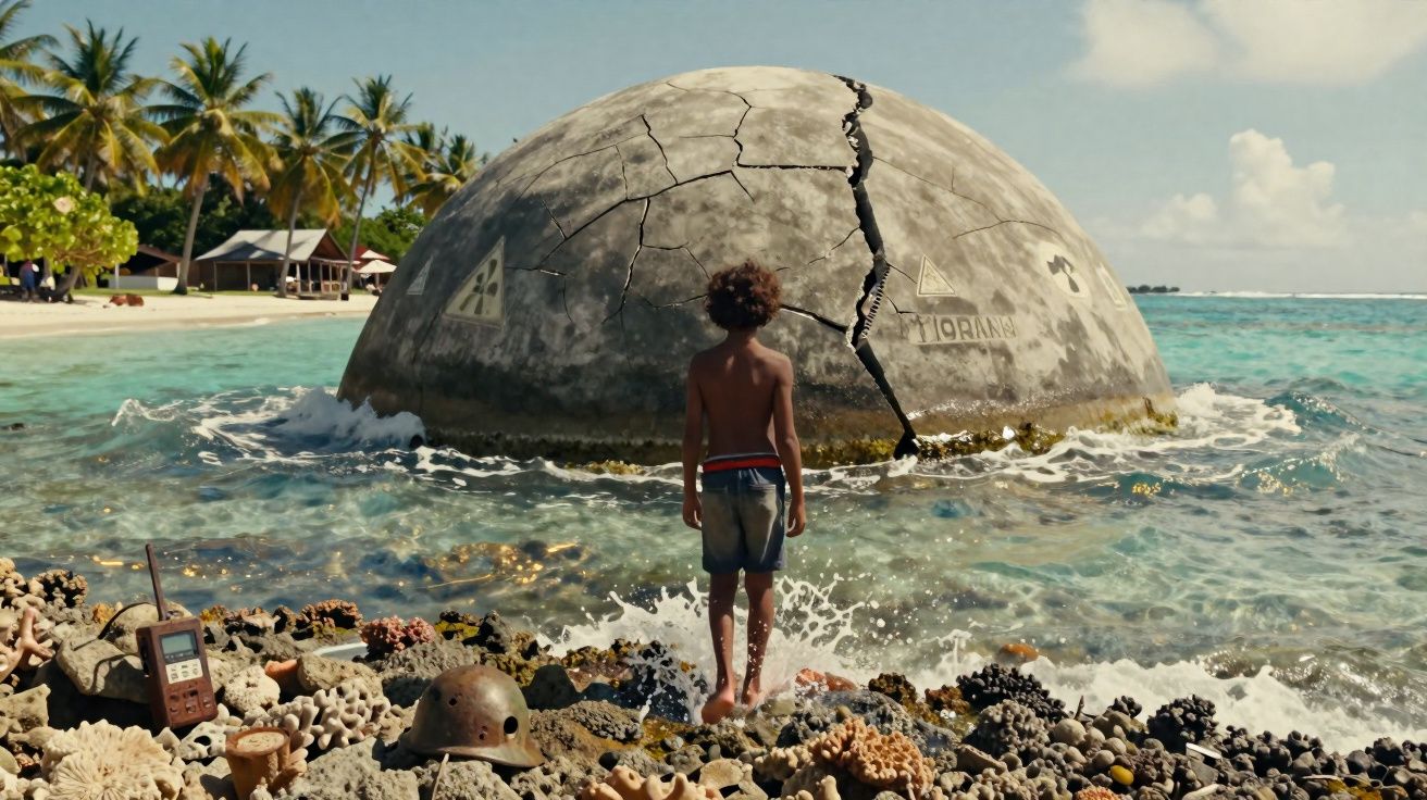 Menino de costas observa esfera grande rachada na água perto de praia tropical com corais e coqueiros.