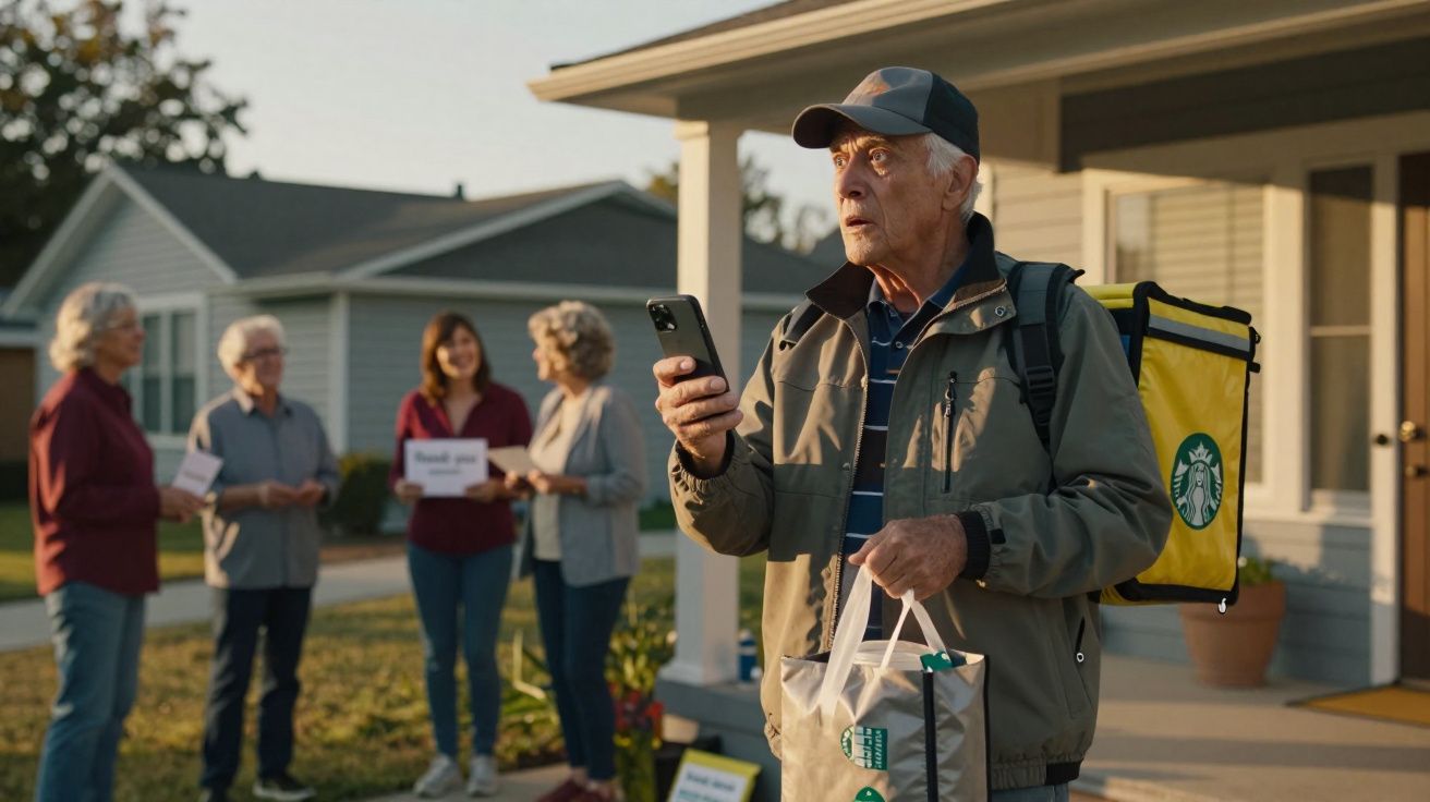 Homem idoso com mochila de entregas Starbucks e grupo de pessoas a conversar ao fundo numa zona residencial.
