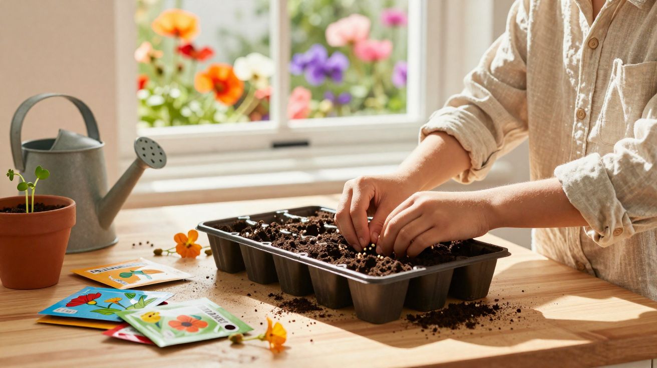 Pessoa com camisa bege a semear sementes em tabuleiro com terra, perto de flores e regador, junto a janela.