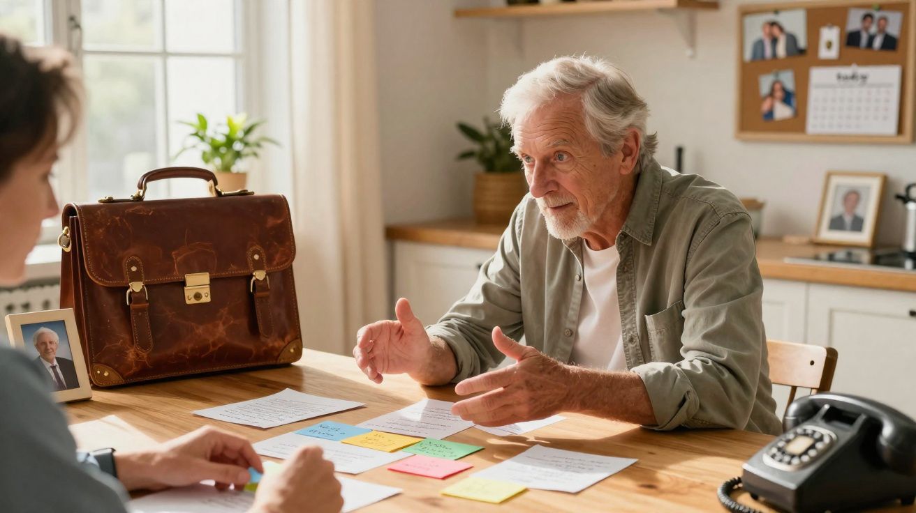 Homem idoso e jovem conversam à mesa com papéis e notas coloridas num ambiente acolhedor.
