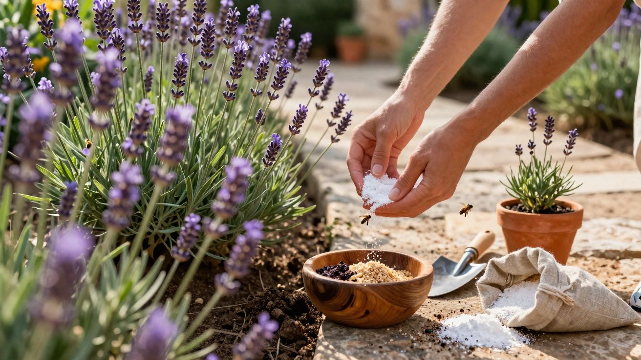 Pessoa de braços estendidos a colocar sal em mistura numa tigela junto a flores de lavanda num jardim.