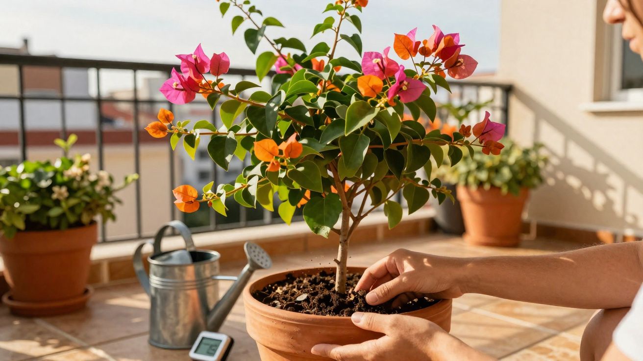 Mãos a cuidar de planta com flores cor de rosa e laranja num vaso de barro num terraço ensolarado.