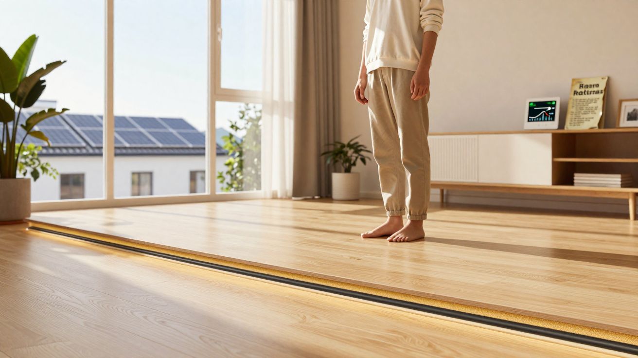Pessoa de roupa clara em pé numa sala moderna com chão de madeira e grandes janelas iluminadas.