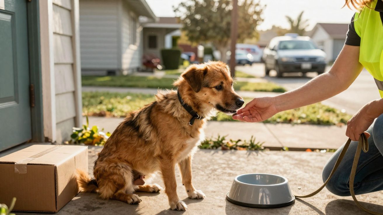 Pessoa a alimentar cão castanho junto a uma caixa de encomenda num passeio residencial.