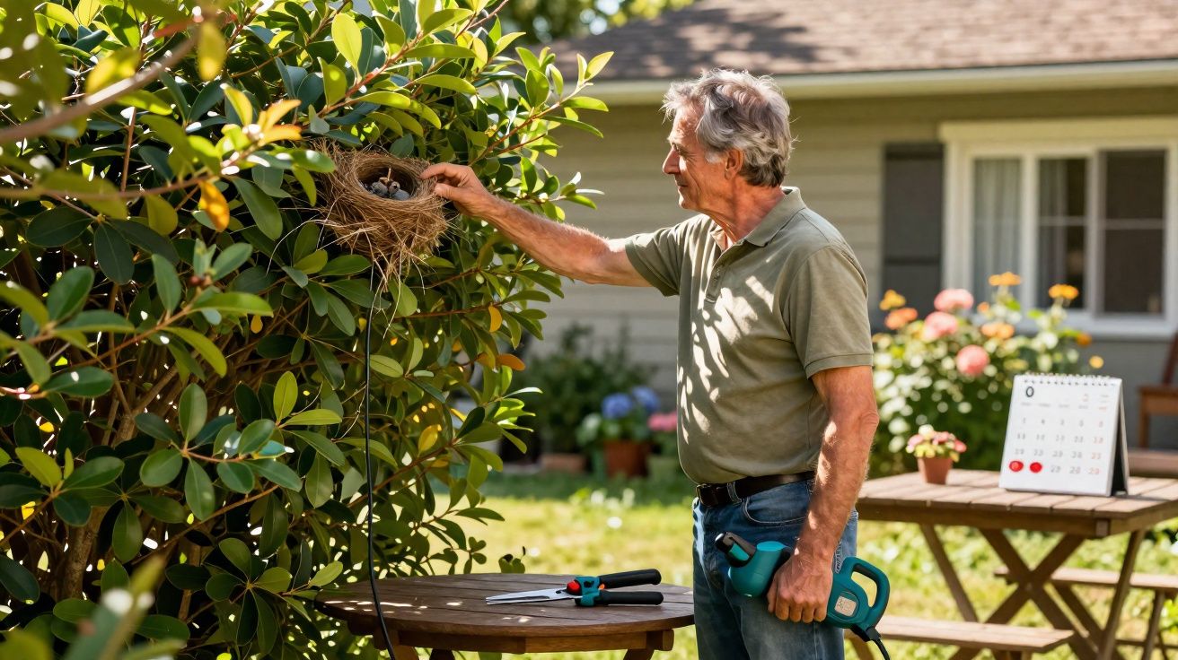 Homem idoso a inspecionar um ninho numa árvore no jardim de uma casa, com ferramentas na mão.