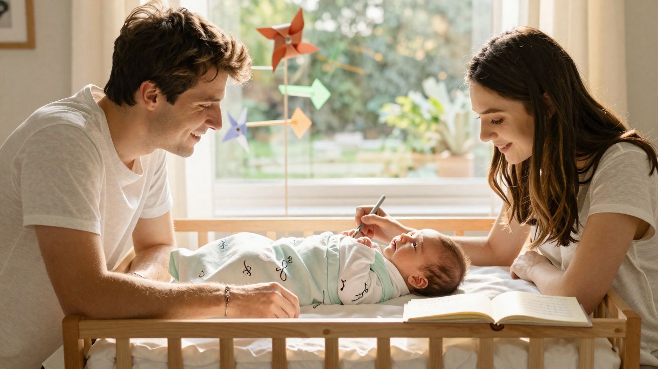 Pais felizes cuidando e escrevendo no corpo do bebé enquanto este está no berço.