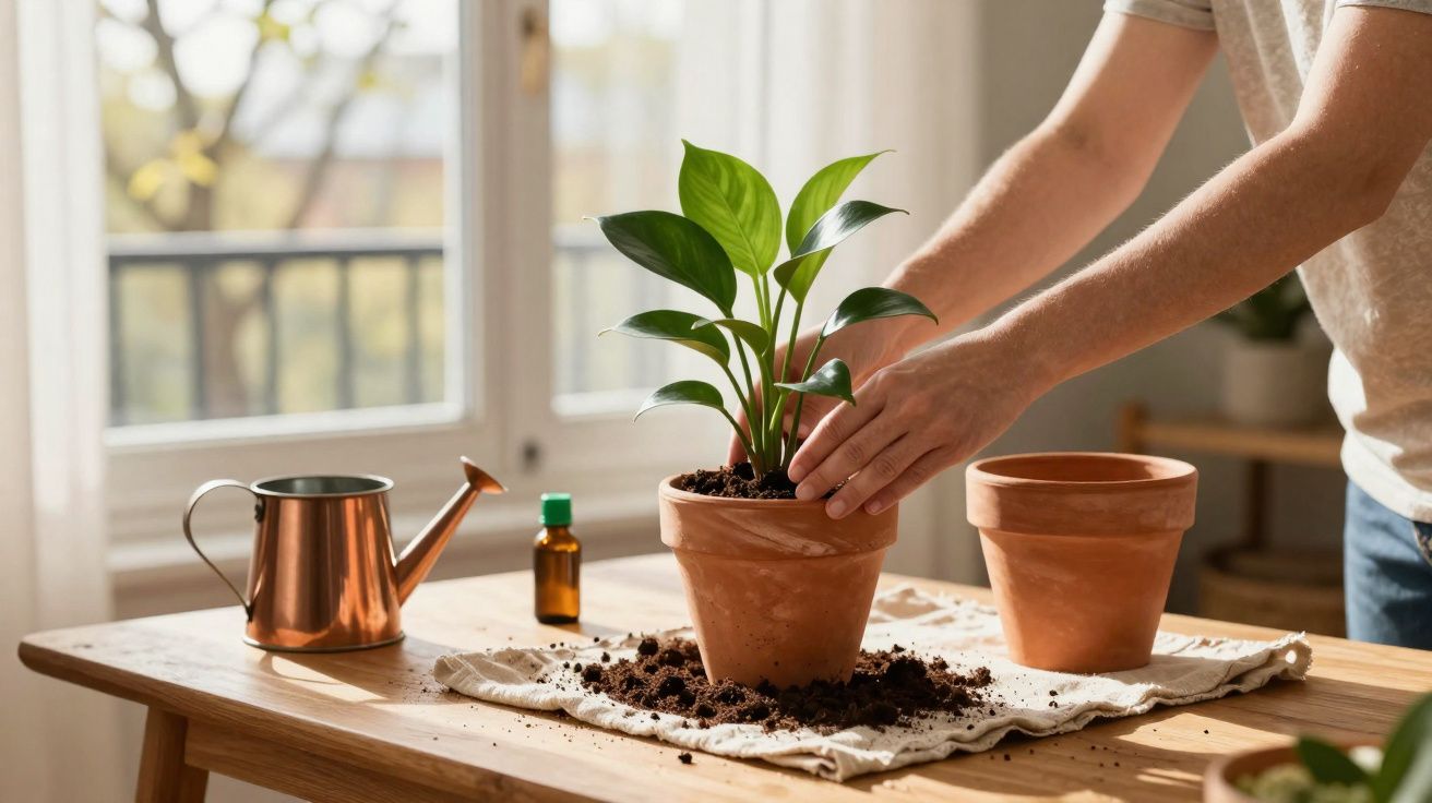 Pessoa a cuidar de planta em vaso de barro num ambiente interior bem iluminado, com regador e terra na mesa.