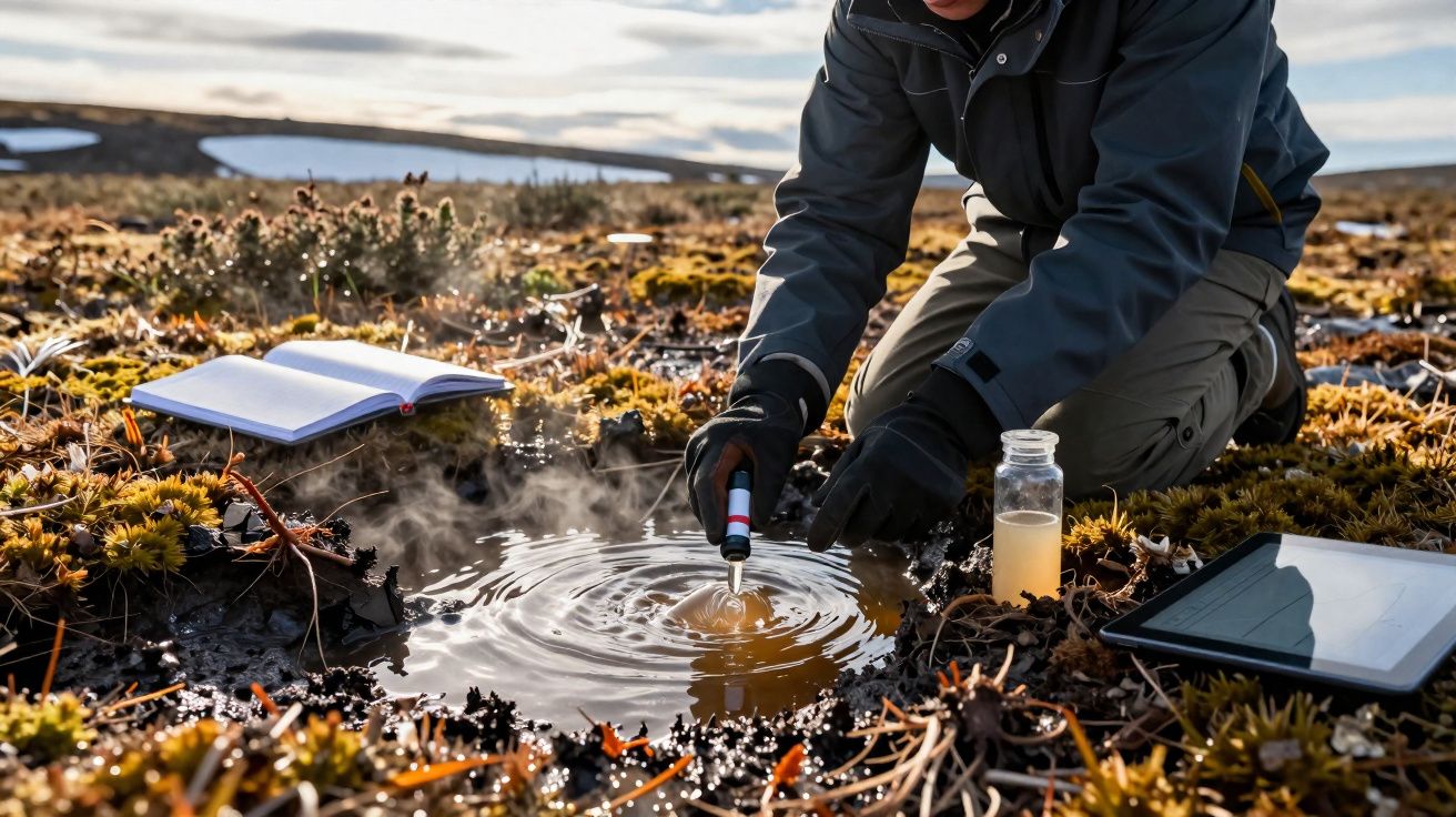 Pessoa com roupa de inverno coleta amostra de água numa lagoa rodeada por vegetação rasteira e equipamentos de campo.