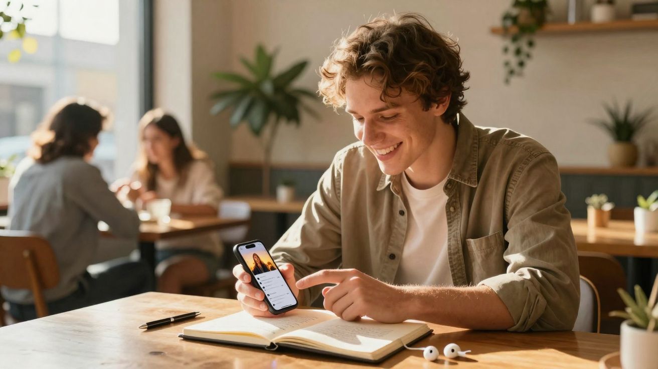 Jovem sorridente a usar telemóvel e a estudar com caderno aberto numa mesa de café iluminada.