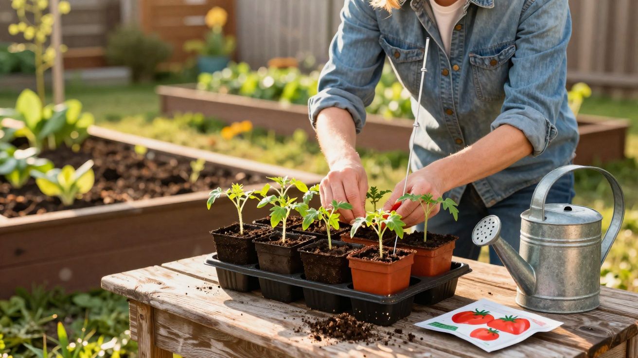 Pessoa a transplantar mudas de tomate num jardim com regador metálico ao lado, em dia ensolarado.