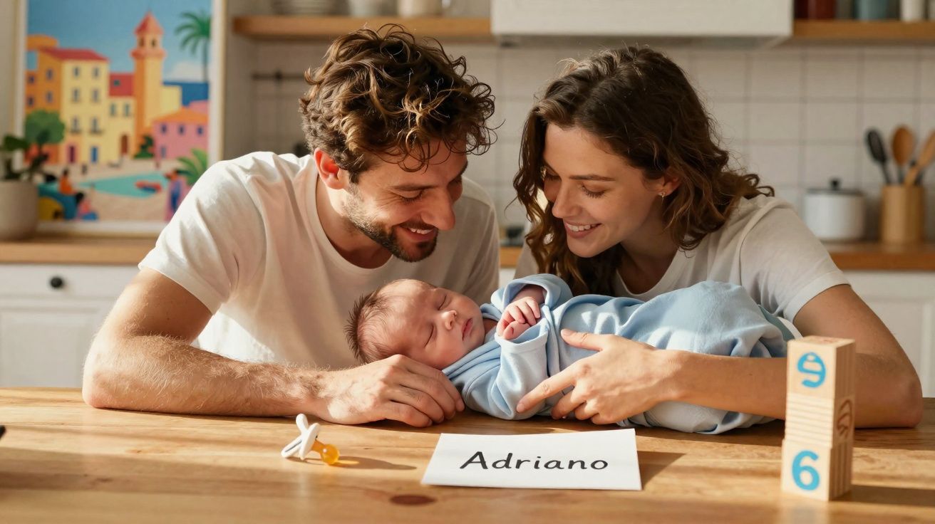 Pais sorridentes a olhar para o bebé adormecido vestido de azul sobre a mesa com um papel com o nome Adriano.