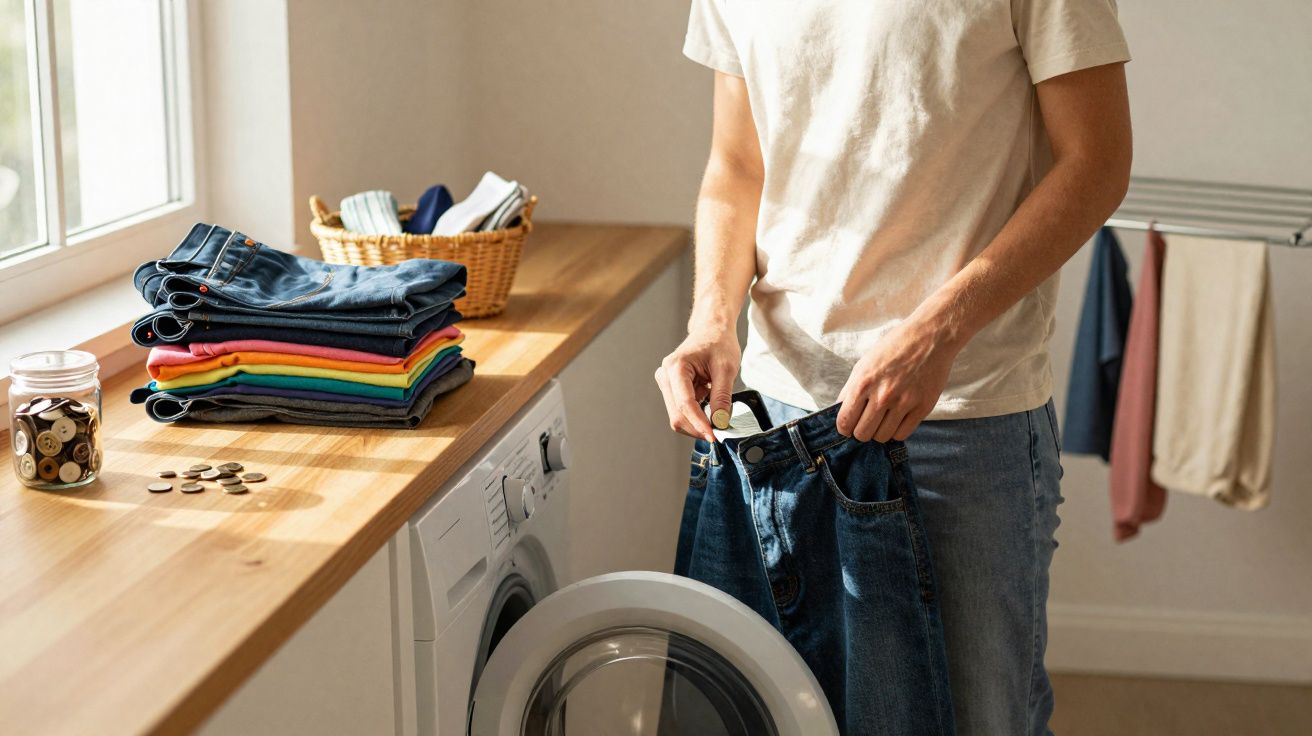Pessoa a colocar calças na máquina de lavar roupa numa lavandaria com roupa dobrada e corda para secar ao fundo.