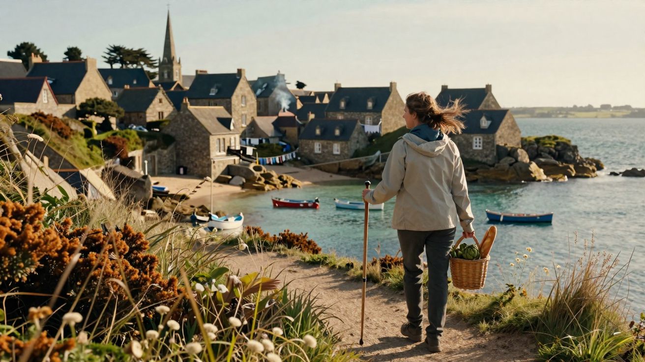 Pessoa com cesta e bengala caminha em trilho à beira-mar com aldeia e barcos ao fundo.