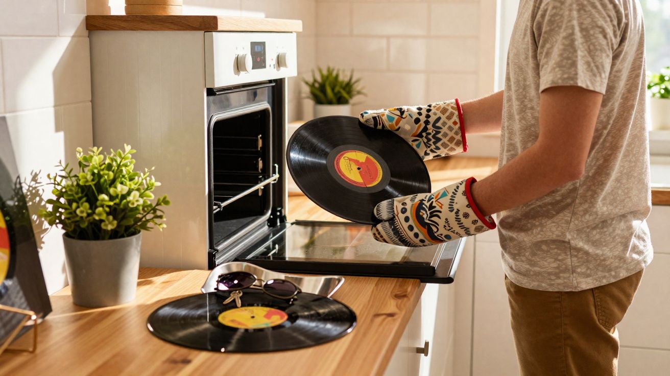 Pessoa a segurar disco de vinil com luvas de forno junto de forno aberto numa cozinha iluminada.