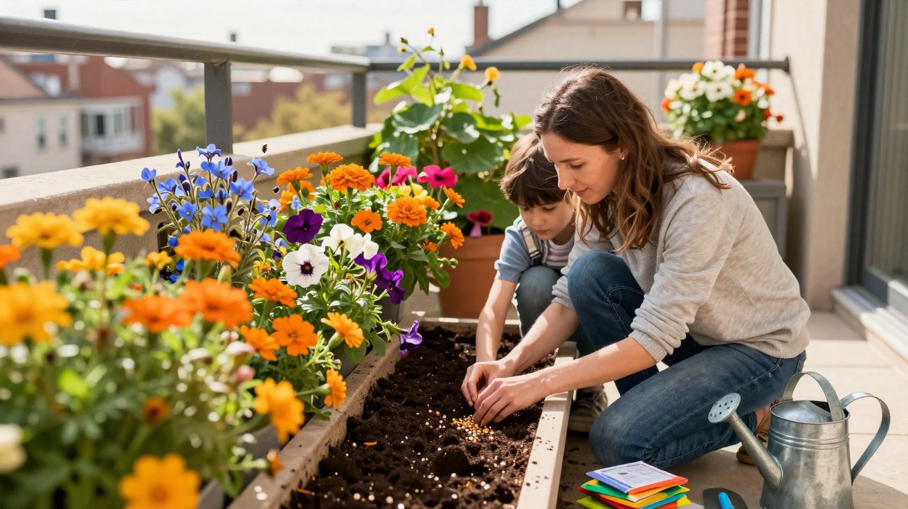 Mulher e criança a plantar sementes num canteiro numa varanda com flores coloridas ao redor.