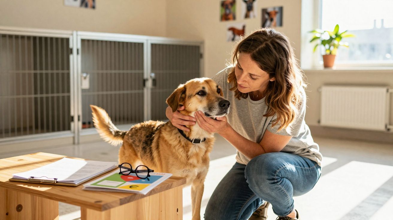 Mulher acaricia cão castanho dentro de clínica veterinária iluminada com documentos na mesa.