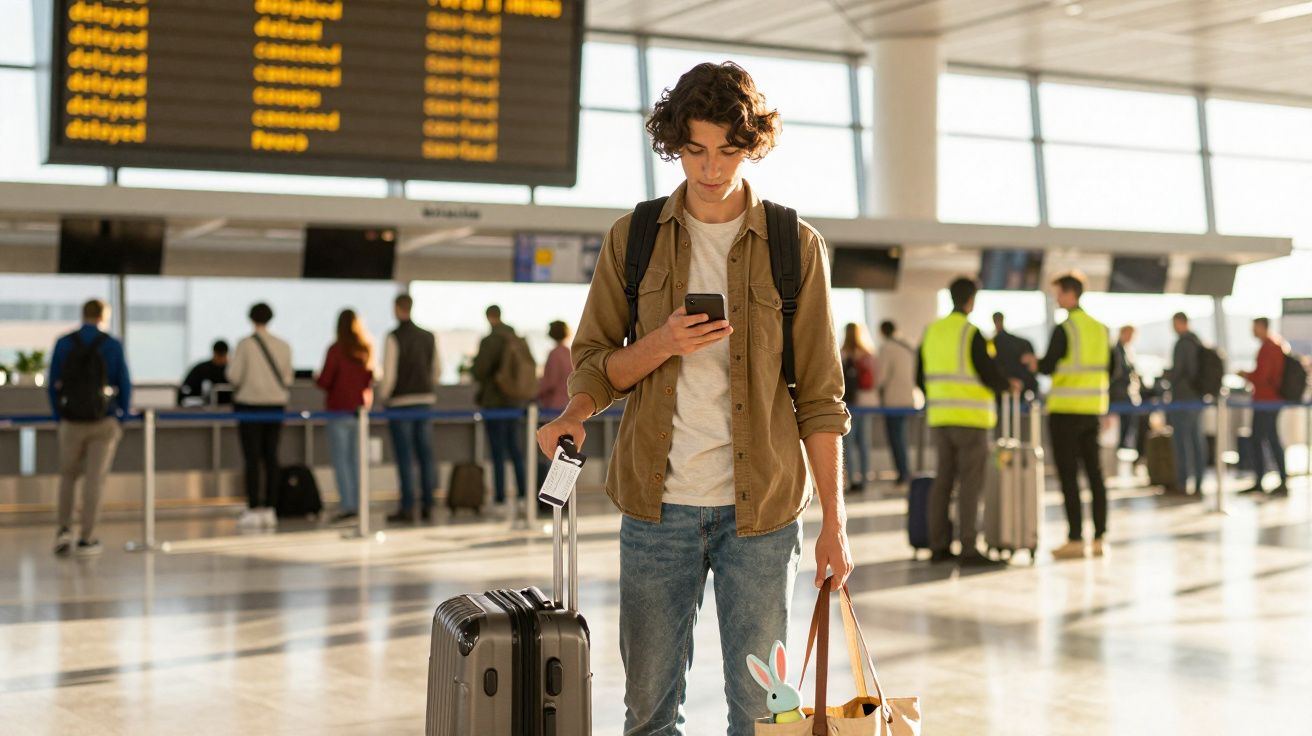 Jovem com mala de viagem e sacola no aeroporto a consultar o telemóvel, com painel de partidas visível ao fundo.