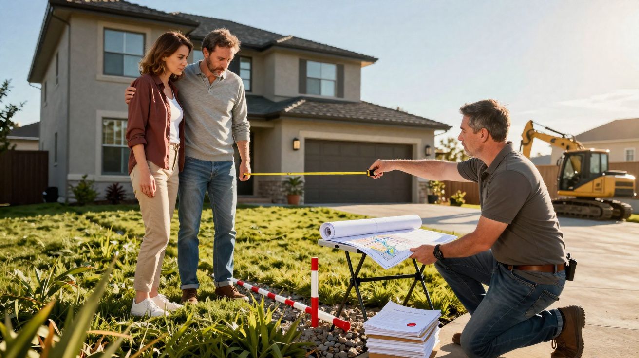 Casal a consultar com profissional de construção medições em terreno junto a casa moderna.